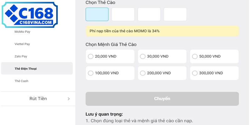 Hệ thống nạp tiền C168 được thiết kế hiện đại 