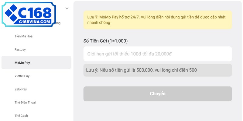 Khi đã chọn được phương thức nạp tiền C168 bạn cần cung cấp thông tin 